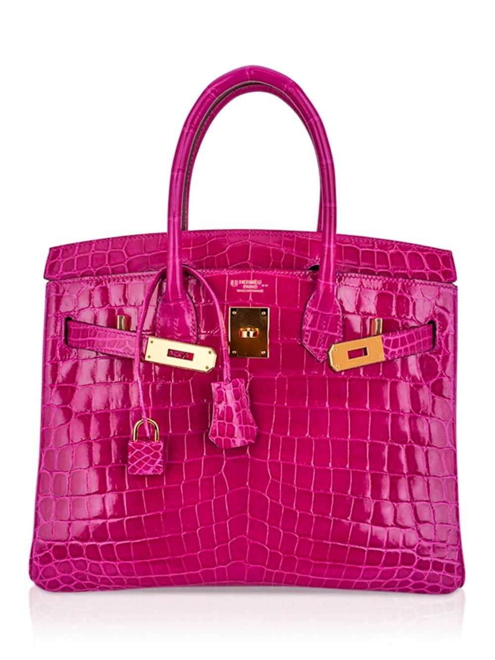 H Birkin Style Patent Croc-Embossed Satchel in Vibrant Rose Mexico